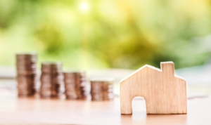 stack of coins with wooden house