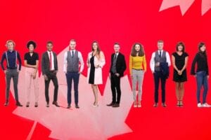 Group of people in a line superimposed on a bright red maple leaf background